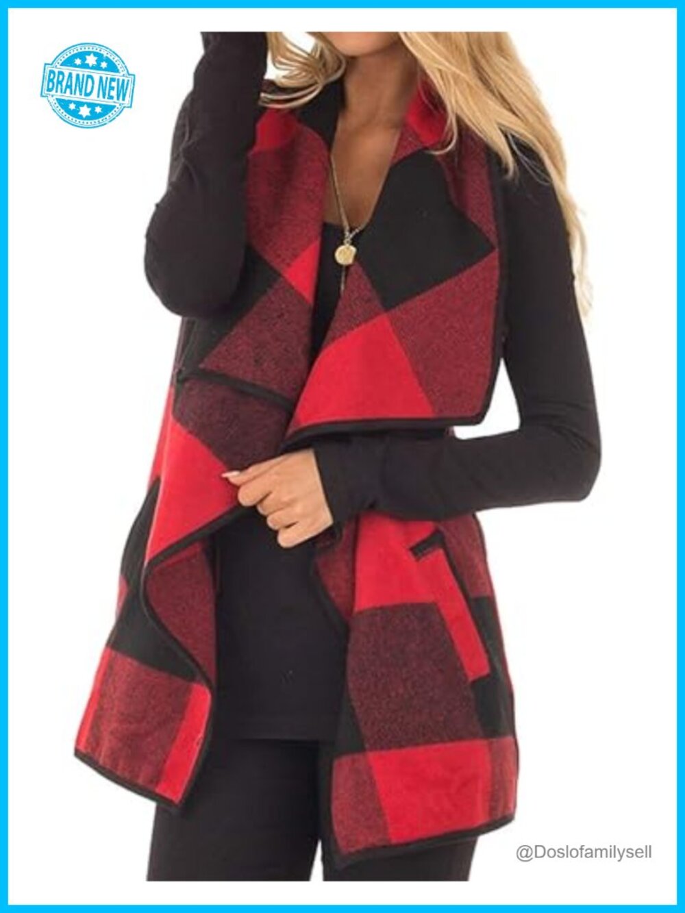 Mannice Buffalo Plaid Sleeveless Cardigan Vest Open Front Asymmetric Hem